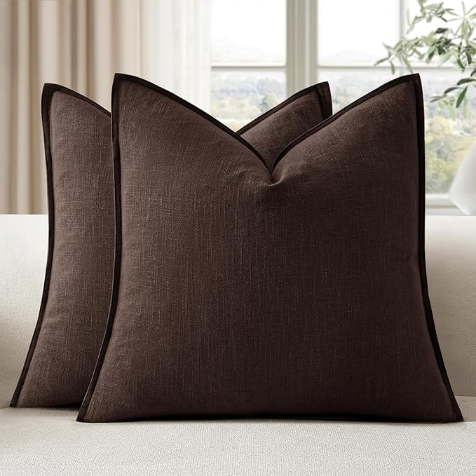 EMEMA Throw Pillow Covers Decorative Linen Pillow Covers 24x24 Inch Dark Brown Boho Farmhouse Neutral Couch Throw Pillows for Bed Pack of 2 Accent Pillowcase Modern Sofa Cushion Livingroom Home