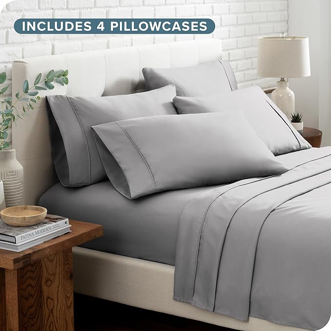 Bare Home Hotel Luxury Split King Sheet Set, Extra Soft, 7 Piece Set, Deep Pockets, Easy Fit, Cooling & Breathable, Wrinkle, Fade, Stain Resistant, Set Includes 4 Pillowcases (Split King, Light Grey)