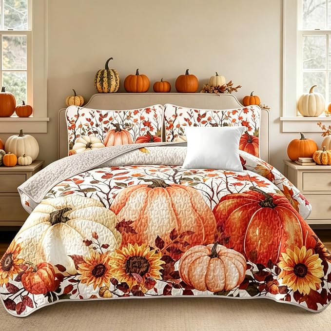 WONGS BEDDING Fall Harvest Pumpkin Quilt King Size, Thanksgiving Bedspread | by WONGSBEDDING