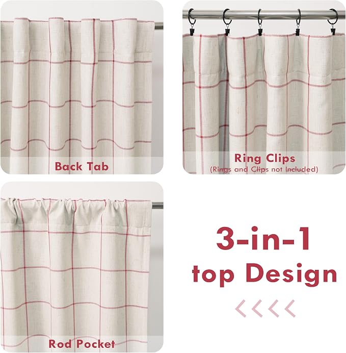 DriftAway 100% Blackout Plaid Linen Curtains 90 Inches Long 2 Panels Red | 100% - Image 5