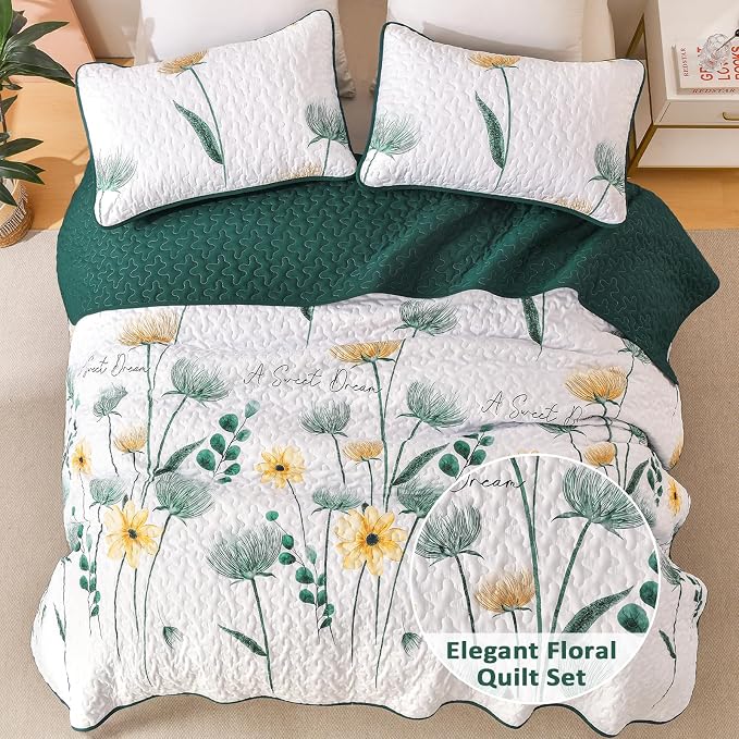 Dinjoy Olive Green Floral Quilt Set Queen Size, 3 Pieces, Farmhouse | - Image 2