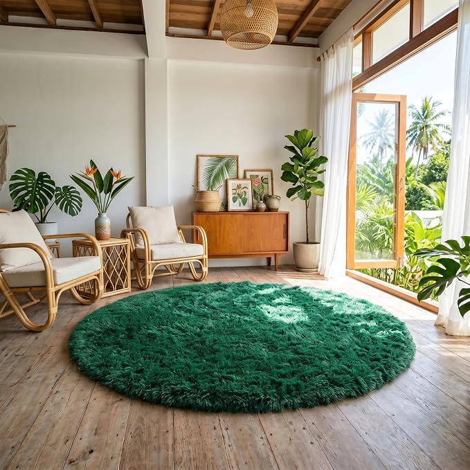 Amdrebio Dark Green Furry Round Circle Area Rug 5Ft - Image 7