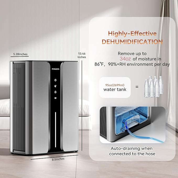 PTHRAOUTA Home Dehumidifier with Drain Hose, (950 sq.ft) 95oz Quiet dehumidifier for Bathroom Bedroom, with Air Reusable Filter Indoor deshumidificador for Basement RV Closet