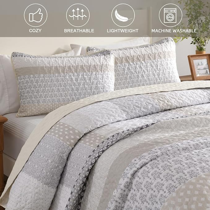 WONGS BEDDING Beige Quilt Set California King, Stripe Bedding Set | Soft - Image 6