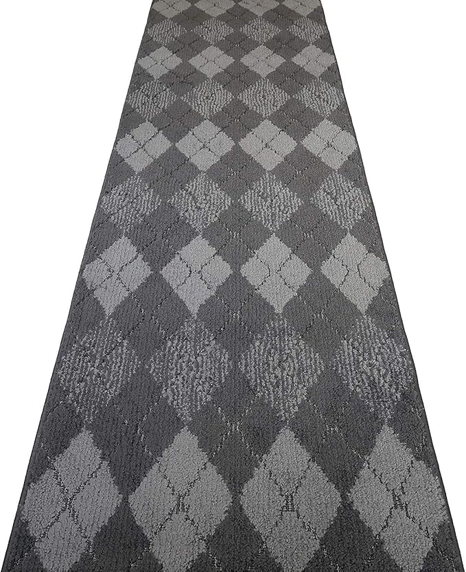 Custom Length Hallway Runner Rug,Slip Resistant,Squares Anthracite, 26 Inch X 18 feet, Sold and Priced Per Foot