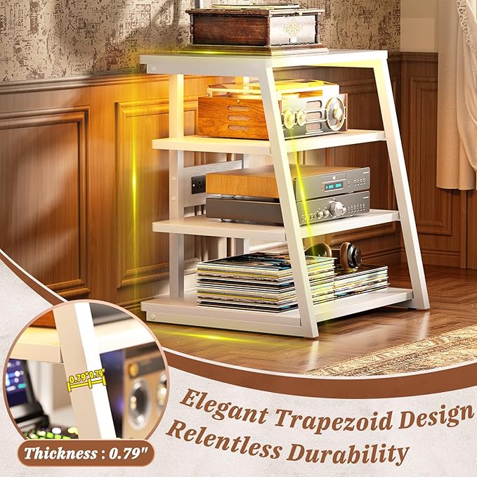 Armocity 4-Tier AV Media Stand with Power Strips, Stereo Stand with LED Lights, Audio Tower Rack with Adjustable Shelves, Small Entertainment Center, 30'', White