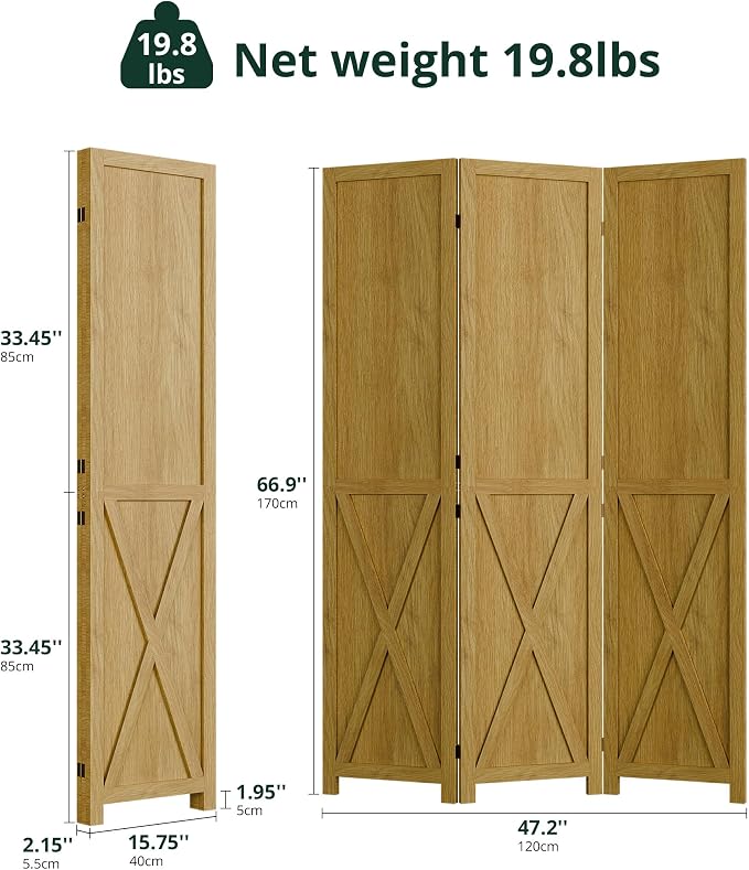 Wood Room Divider, 3 Panel 66.9 Inch Privacy Screen, Folding Wall Divider - Image 2