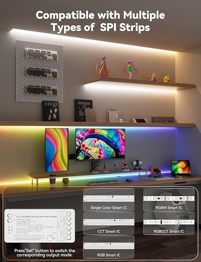 PAUTIX WiFi SPI+DMX SPIW5 Tuya SPI LED Controller Compatible with Alexa/Google Home,for Single Color/CCT/RGB/RGBW/RGBCCT SPI LED Strip Lights,Work with WS2811 SK6813 IC Addressable LED Strip