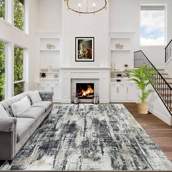6x9 Area Rugs for Living Room: Washable Abstract Black Grey Gold Carpet | by GENTDRIZZ
