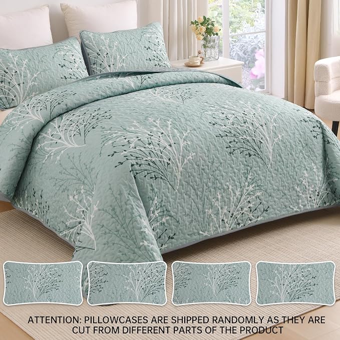 DJY Aqua Quilt Set Queen Size Branch Botanical Bedspread Coverlet Set | 3 - Image 3