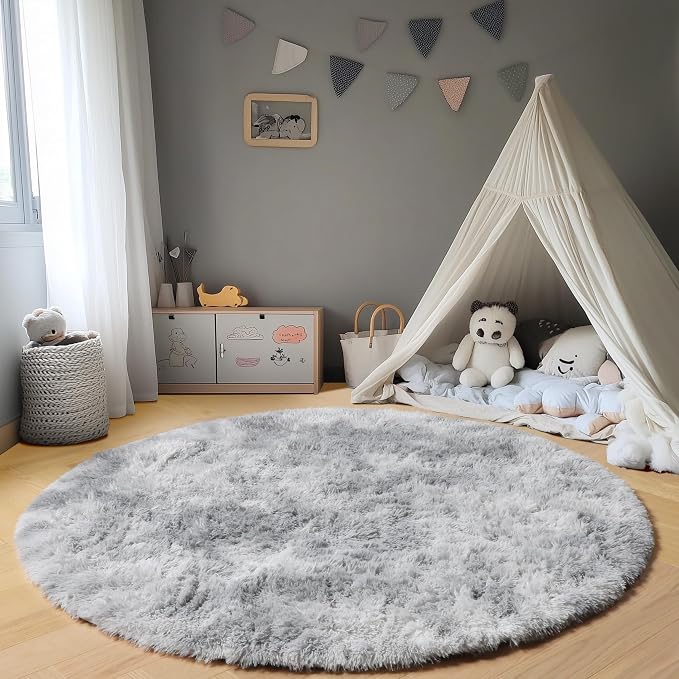Tie-Dyed Light Grey Round Area Rugs 6ft, Ultra Soft Bedroom Circle Rug - Image 5
