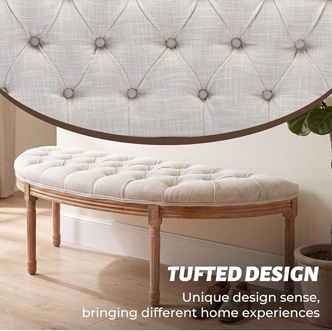 chairus 55" Button Tufted Semi-Circle Dining Bench Linen Halfmoon Entryway - Image 4