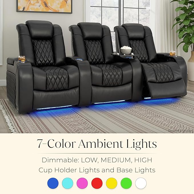 Seatcraft Diamante Zero-Gravity CoolZero Italian Leather Home Theater Seating, Power Headrest, Power Recline, Row of 3, Black