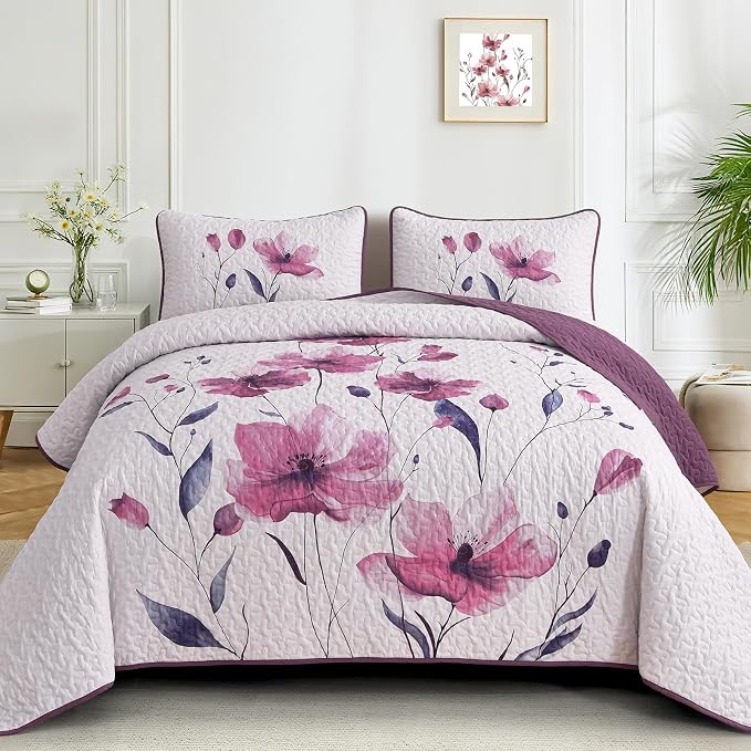 Mybedsoul Floral Quilt Set King Size, 3 Pieces Rose Pink Bedspread Coverlet Set by Mybedsoul