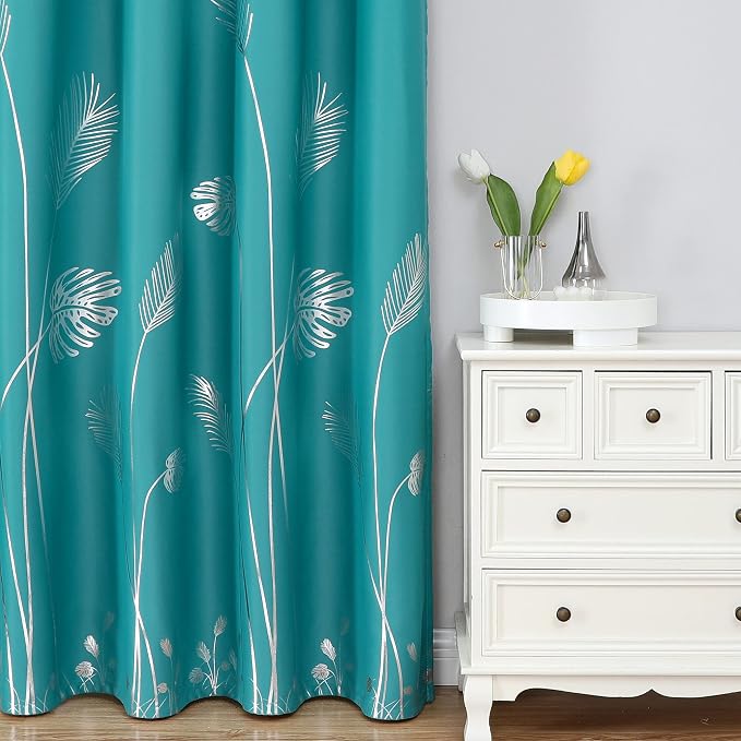 Teal Blackout Curtains for Bedroom, Room Darkening Silver Palm Tree Pattern - Image 2