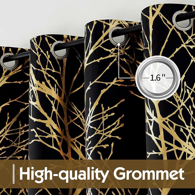 FMFUNCTEX 100% Blackout Black Gold Foil Tree Curtains 63 Inch Long 2 Panels | - Image 3