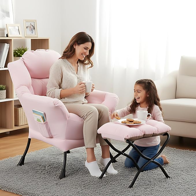 Welnow Lazy Chair with Ottoman, Reading Chair with Footrest，Pink | A Side Pocket - Image 5