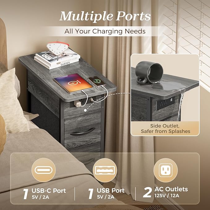 Huuger Narrow End Table with Charging Station, Side Table with 2 Drawers | Slim - Image 5