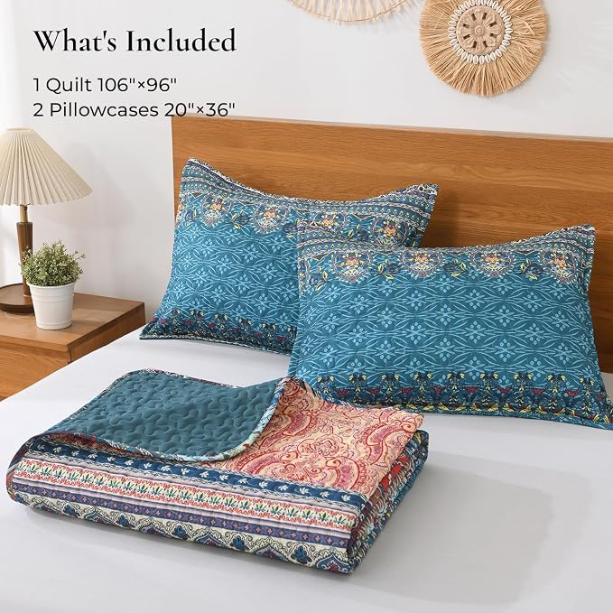 Brown Green King Size Quilt Set, 3 Pieces Boho Striped Bedspread | Soft - Image 8