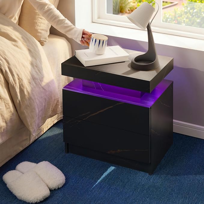 LED Nightstand with Wood 2 Drawers Modern Bedside Table - Image 5