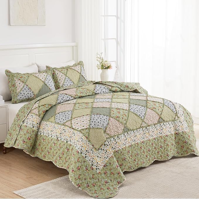 Oversized King Quilt Set Green Floral Patchwork Alaska King Bedspreads Set | - Image 9