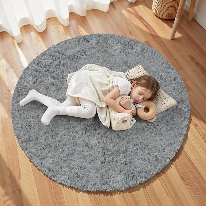 Light Gray Round Fluffy Rug 5ft Plush Fuzzy Shaggy Carpet | Soft Rugs - Image 5