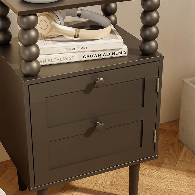 Black Nightstand with Outlet, Storage Drawer and Open Wood Shelf, Wood Legs | - Image 8