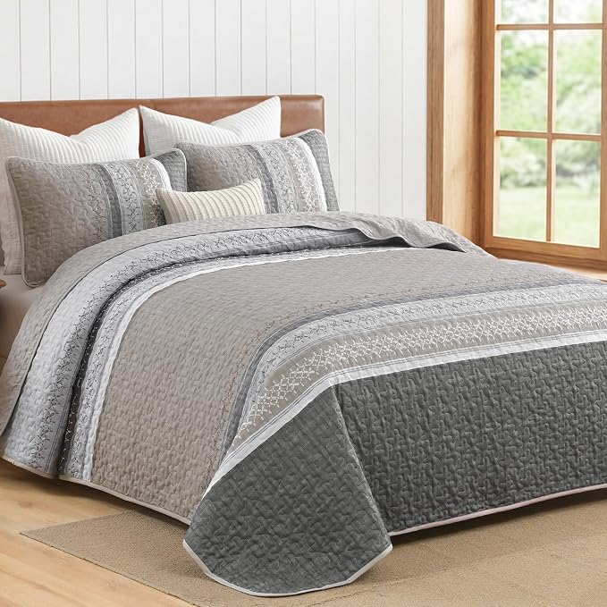 Cottolester Quilt Set Queen, Taupe Grey Striped Patchwork Bedspread | Modern - Image 2