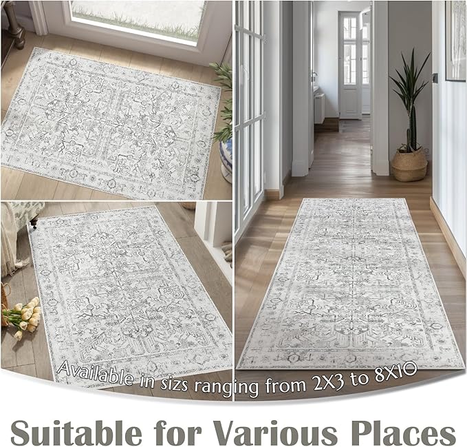 jinchan Lima Runner Rug 2x6 Washable Hallway Runner - Vintage Floral Non Slip Low-Pile Soft Ultra-Thin Kitchen Rug Distressed Carpet for Farmhouse Bedroom Entryway Laundry Room (2x6ft, Grey)