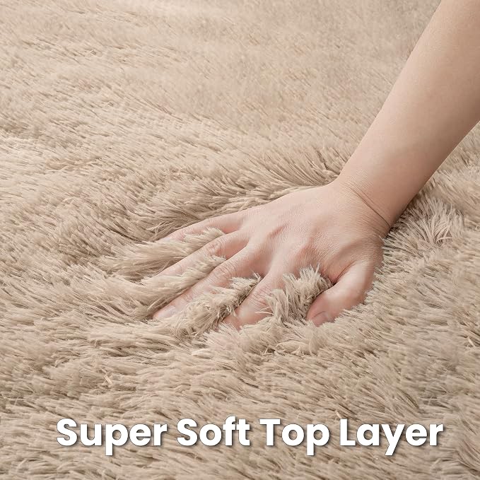 Beige Round Fluffy Rug 5ft Plush Fuzzy Shaggy Carpet | Soft Rugs - Image 7