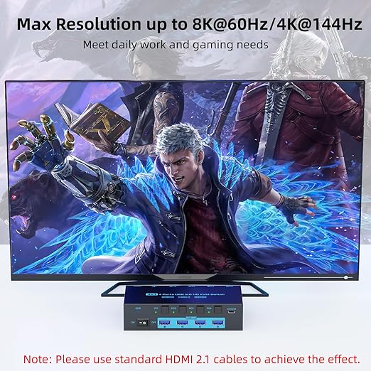 8K HDMI 2.1 KVM Switch 4 Computers 4 Port USB 3.0 8K@60Hz/4K@144Hz 4 In 1 Out Keyboard Mouse KVM Switches EDID Emulator for 4 PCs Share 1 Monitor and 4 USB Devices, with 4 USB 3.0 Cable & Wired Remote
