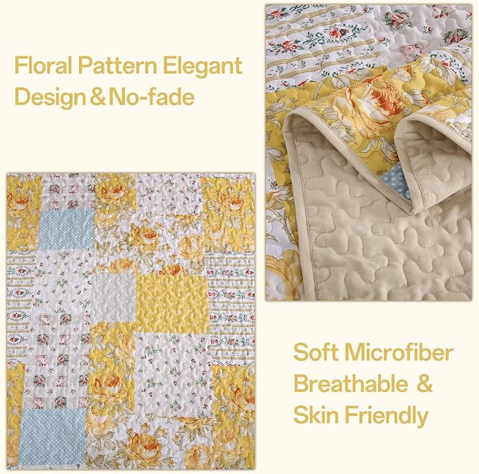 Yellow Patchwork Quilt Set Queen Size, Rose Floral Plaid Bedspread | 3 Pcs - Image 4