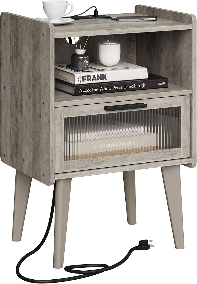 MMEOLUOOK Nightstand with Charging Station, Bedside Tables Oak Grey End Table by MMEOLUOOK