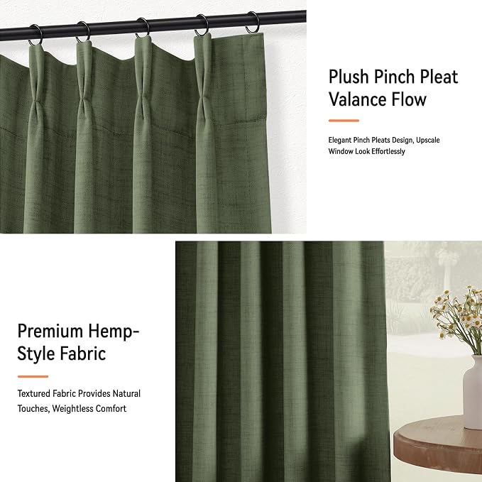 Pinch Pleated Full Blackout Faux Linen Curtains 102 Inches Long | Moss Green - Image 7