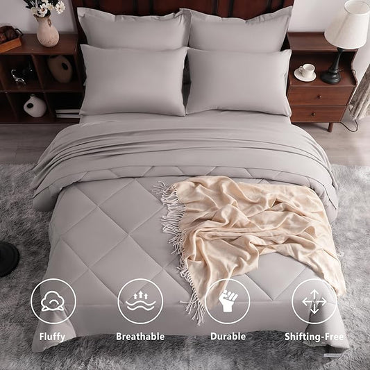 NTBAY Queen Comforter Set with Sheets, 7 Pieces Soft and Breathable Queen Bedding Set, Bed in a Bag, Down Alternative Comforter Set Solid Color All Season, Queen Bedding Set, Smoke Grey