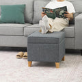 Adeco 17.5" Square Fabric Ottoman with Storage, Upholstered Cotton Linen Foot Rest, Flip Top Footstool, Small Cube Coffee Table Extra Seat for Living Room, Bedroom, Grey with Burlywood Legs