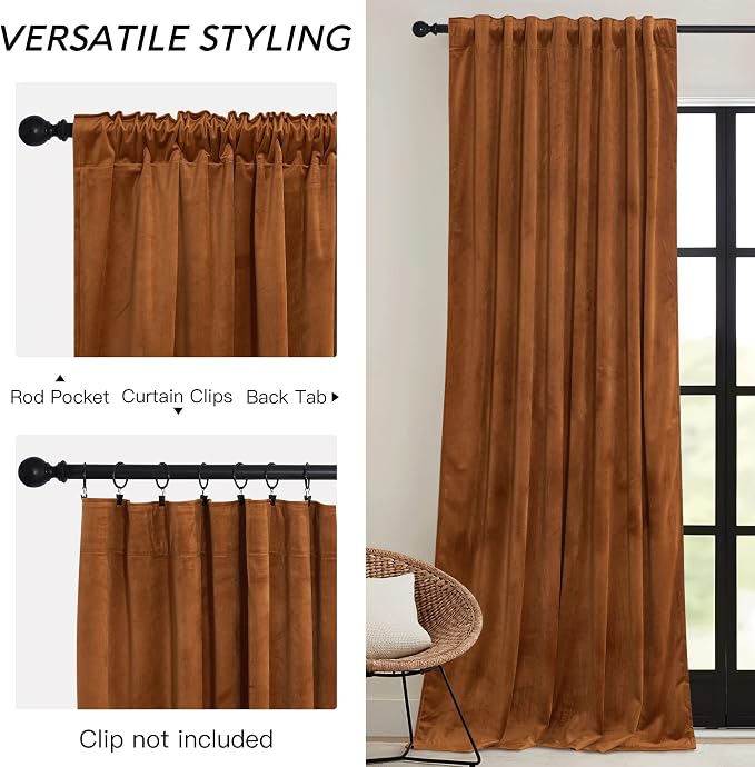 RYB HOME Burnt Orange Fall Velvet Curtains - Image 3