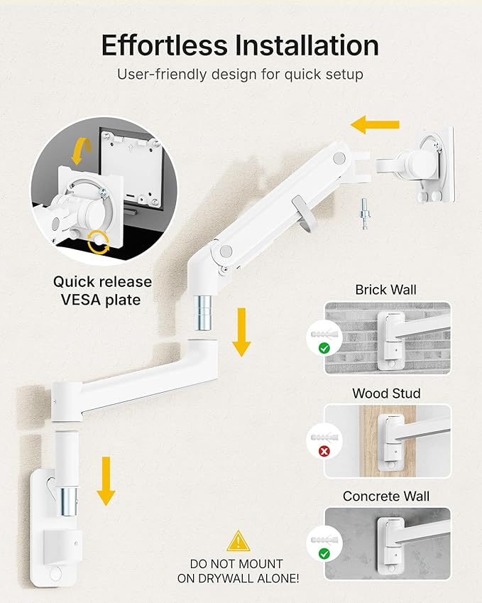 monTEK Monitor Wall Mount for 17-57“ up to 59.4 lbs Ultrawide Screens, Single Heavy-Duty Aluminum Gas Spring Monitor Arm with Full Motion Adjustment, VESA 75x75/100x100 Compatible, White