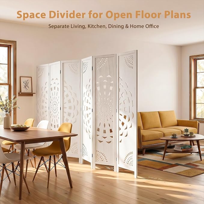 6 Panel Room dividers, 66.9" Boho Double-Sided Carved Screen, Freestanding - Image 6