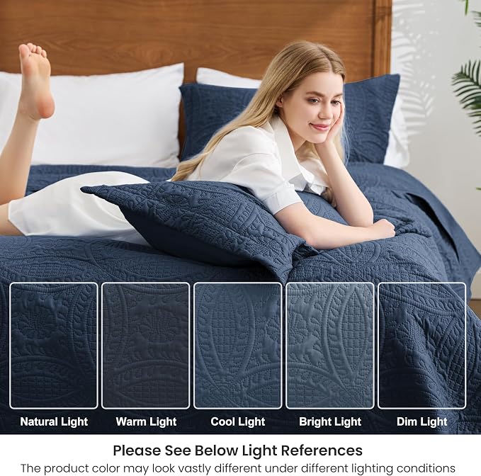 Love's cabin California King Size Quilt Bedding Set Navy Bedspreads - Image 6