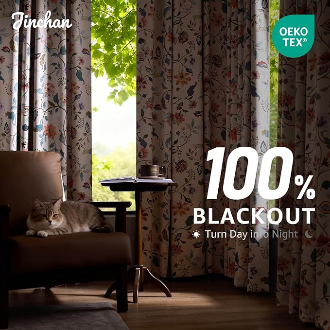 jinchan Beige Floral Blackout Curtains 84 Inch Back Tab 2 Panels Set | Room - Image 3