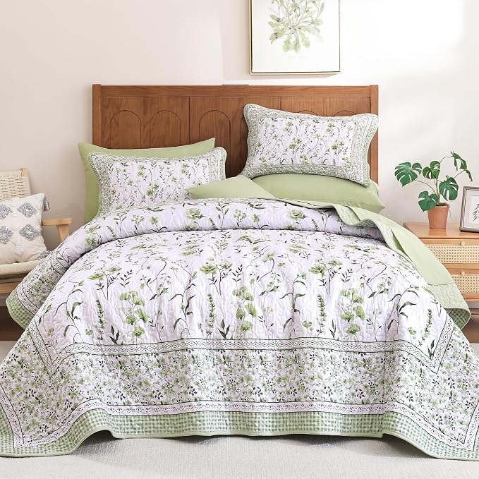 WONGS BEDDING Floral Quilt Set King, Sage Green Bedspread Coverlet Set 3 Pcs | - Image 8