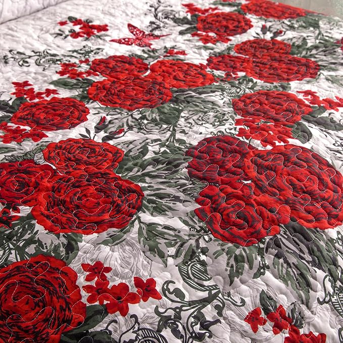 Yiran Full Size Quilt Red, Rose Floral Bedspread Bedding Set | 3 Pieces - Image 5
