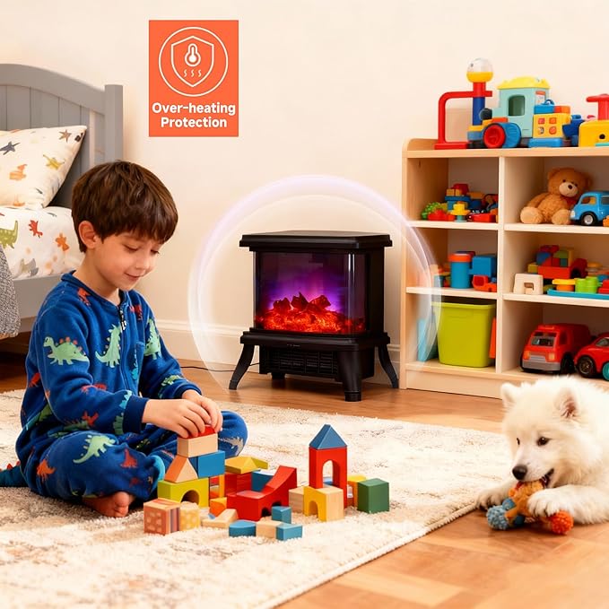 18 inch Panoramic Window with 1500W/1650W Electric Wood Fireplace Flame Effect, 4-in-1 Independent Indoor Space Heater. Full arc 3D Panoramic Flame Effect with 3S Fast Heating