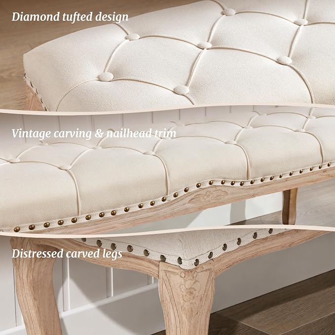Bedroom Bench, French Vintage Entryway Bench 52.5" Carving Upholstered End of - Image 4