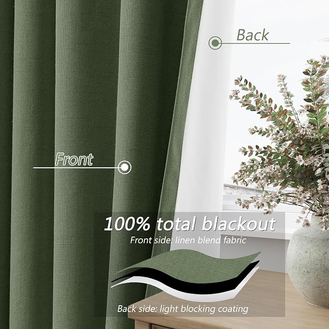 Olive Green 100% Blackout Curtains 108 Inch Length 2 Panels Set - Image 4