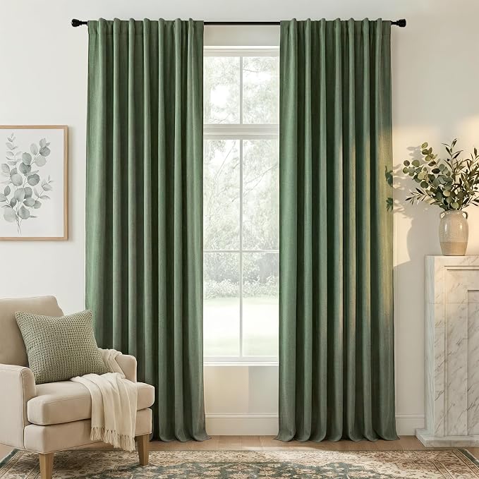 RYB HOME Forest Green 100% Blackout Linen Curtains 84 Length 52 Width, Privacy by RYBHOME