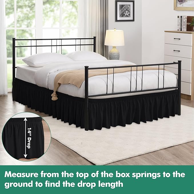 Biscaynebay Wrap Around Bed Skirts with Split Corners for Full Beds 14" Drop, Black Elastic Dust Ruffles Adjustable Easy Fit Wrinkle & Fade Resistant Silky Luxurious Fabric Machine Washable