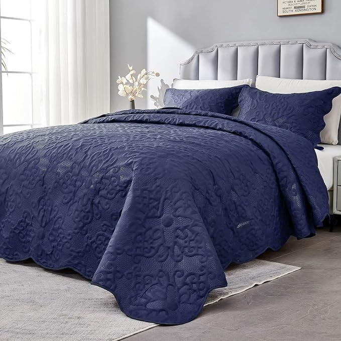 Kingnex 106x96 King Size Lightweight Bedspread Coverlet Set Navy | 3 Pcs by Kingnex