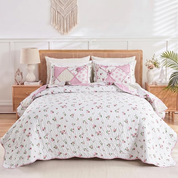 Oversized King Quilt Set Pink Floral Patchwork Alaska King Bedspreads Set | - Image 3